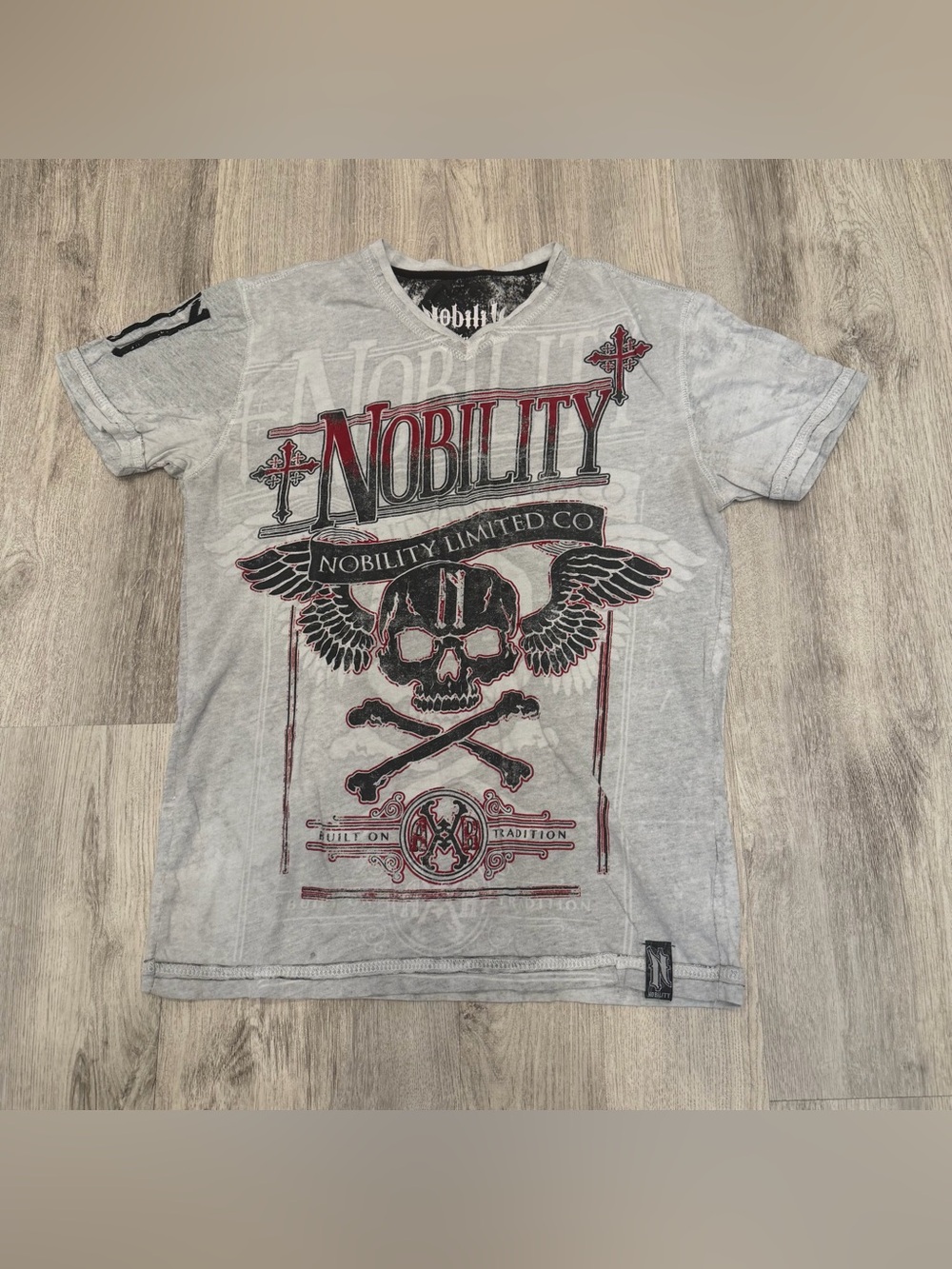 Nobility Gray Skull Graphic Acid Wash Tee Size Small Y2K Biker